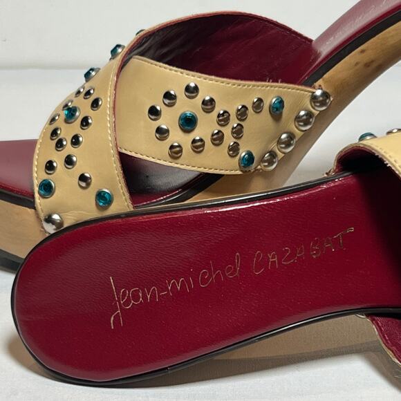 Jean-Michel Cazabat Platform Sandals Tan Leather Rhinestone 5 Inch Heel Size 7.5 - Picture 9 of 12